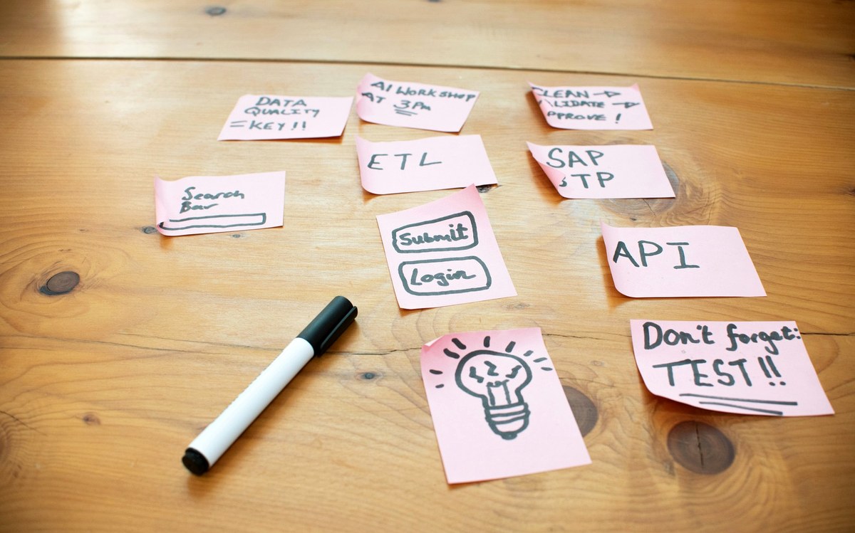 AI workshop — sticky notes and concepts on a table
